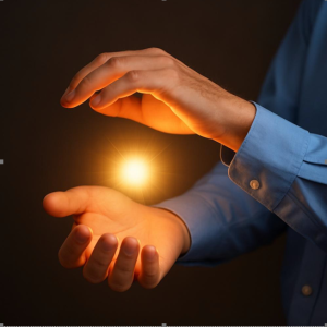 يدا شخص تحملان كرة متوهجة من الضوء الأصفر